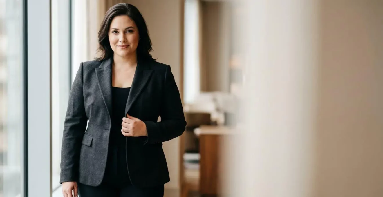 Femme portant un blazer structuré qui met en valeur sa silhouette ronde avec élégance et confiance