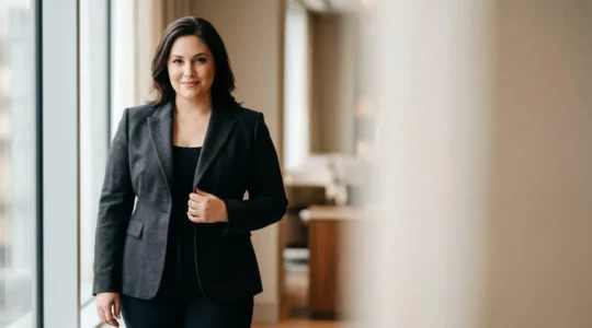 Femme portant un blazer structuré qui met en valeur sa silhouette ronde avec élégance et confiance