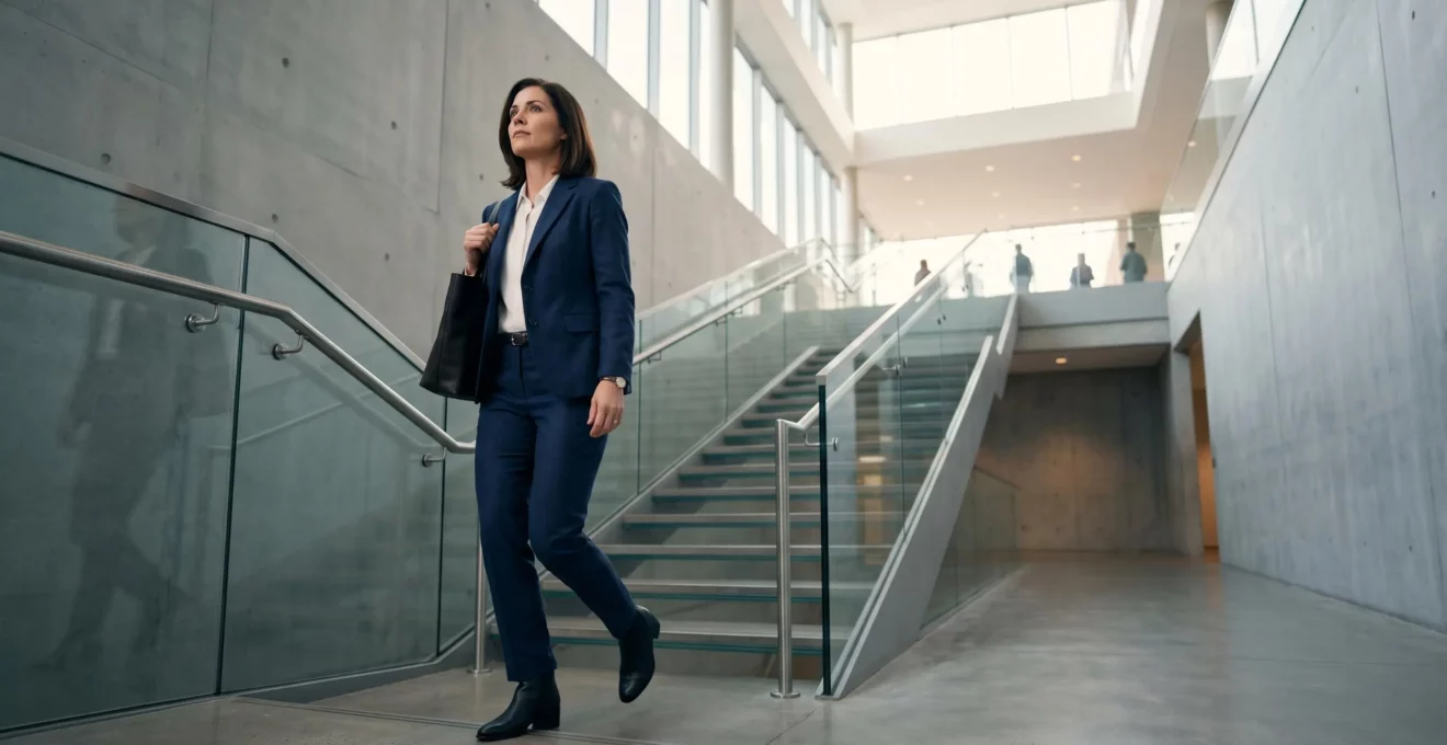 Femme cadre dirigeante en costume traversant un espace architectural moderne symbolisant la progression professionnelle