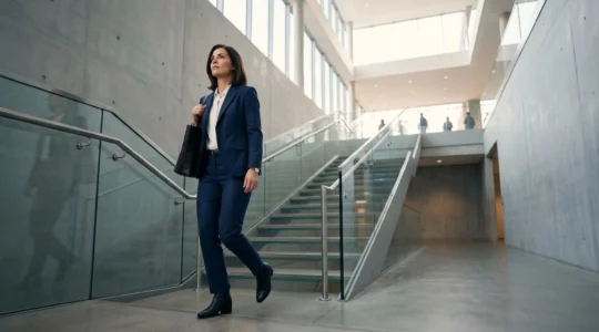 Femme cadre dirigeante en costume traversant un espace architectural moderne symbolisant la progression professionnelle