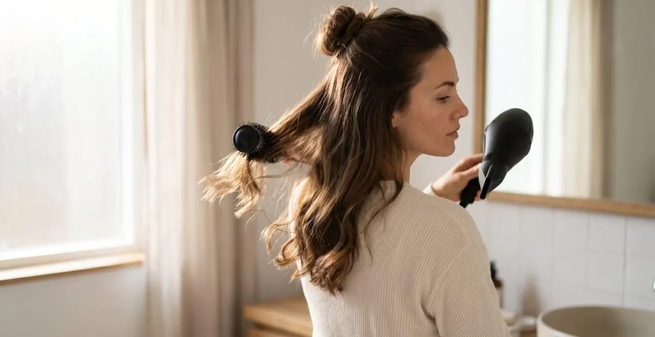 Femme réalisant son brushing à domicile avec brosse ronde et sèche-cheveux