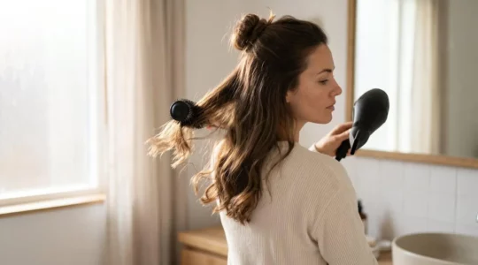 Femme réalisant son brushing à domicile avec brosse ronde et sèche-cheveux