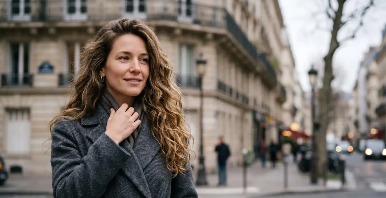 Femme aux cheveux ondulés wavy naturels portant un manteau d'hiver élégant dans une rue parisienne