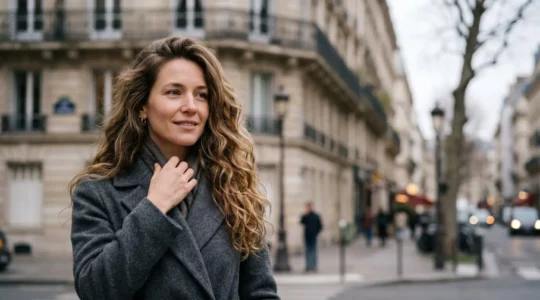 Femme aux cheveux ondulés wavy naturels portant un manteau d'hiver élégant dans une rue parisienne