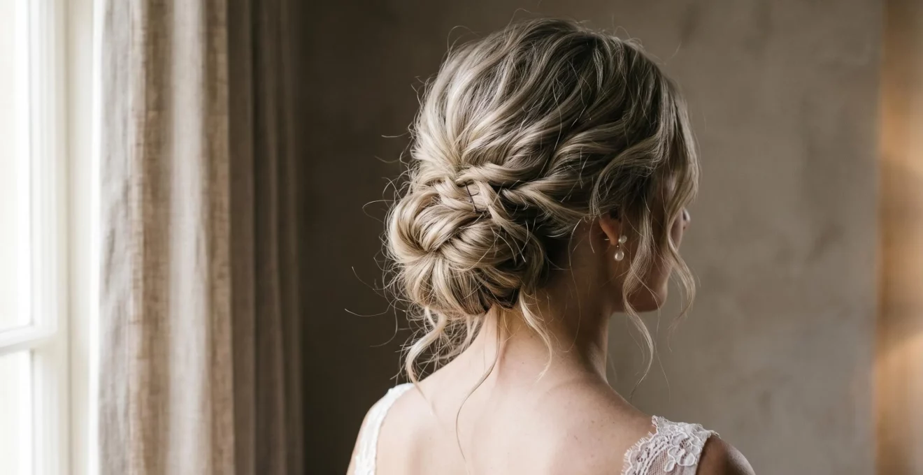 Vue arrière d'un chignon flou sophistiqué pour mariage avec mèches délicates et volume aérien