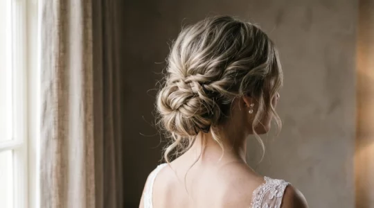 Vue arrière d'un chignon flou sophistiqué pour mariage avec mèches délicates et volume aérien