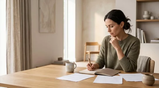 Femme professionnelle travaillant de façon concentrée dans un espace minimaliste et lumineux
