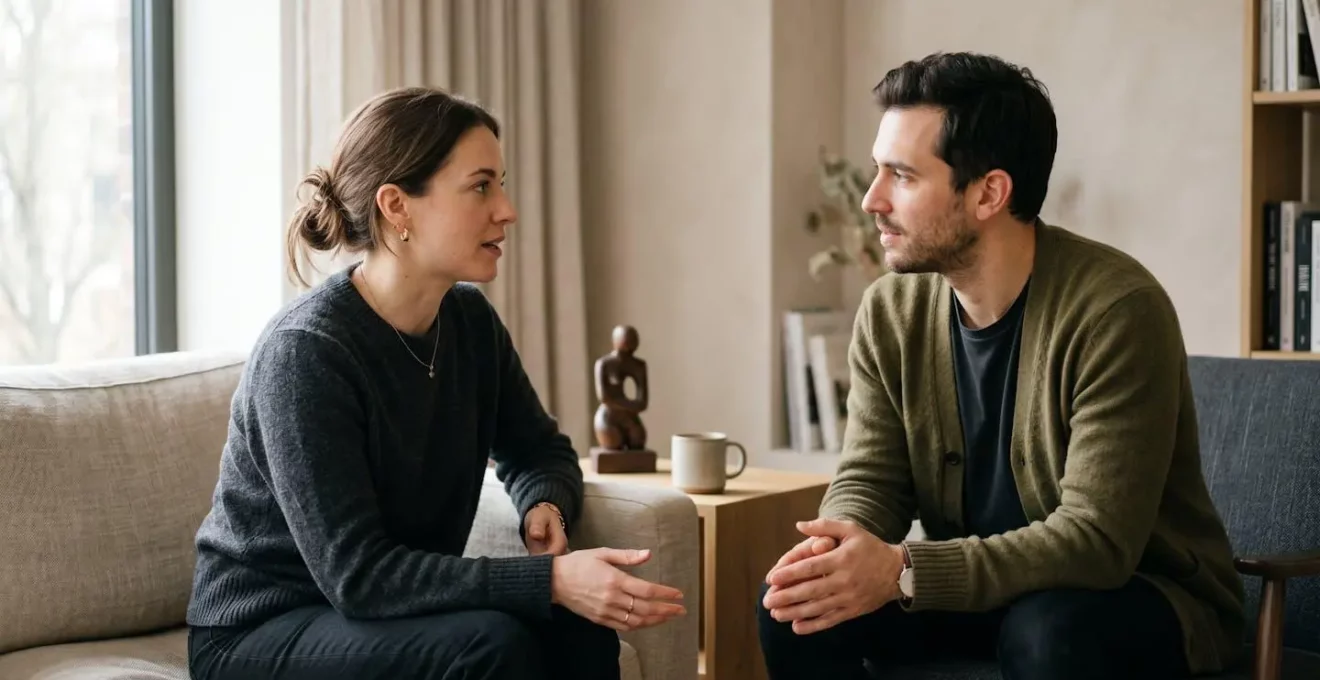 Couple en discussion profonde lors d'une conversation sur leurs valeurs communes avant de vivre ensemble
