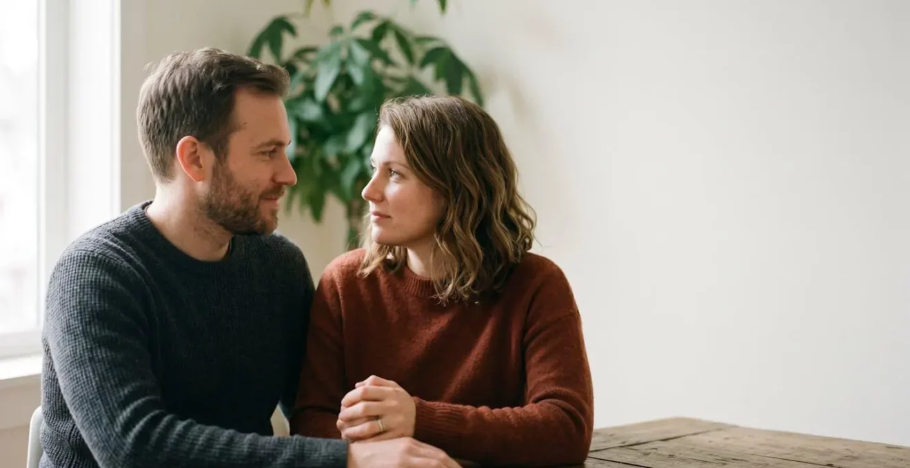 Un couple assis face à face dans une atmosphère intimiste, échangeant un regard profond et bienveillant