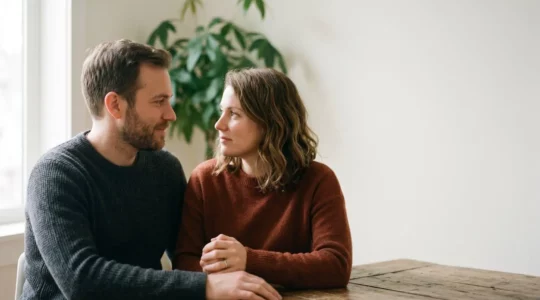 Un couple assis face à face dans une atmosphère intimiste, échangeant un regard profond et bienveillant