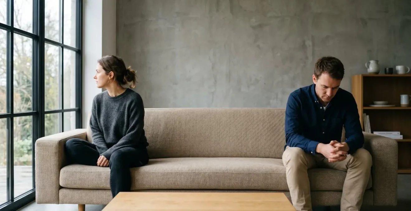 Couple assis en silence, distance émotionnelle palpable dans un intérieur contemporain