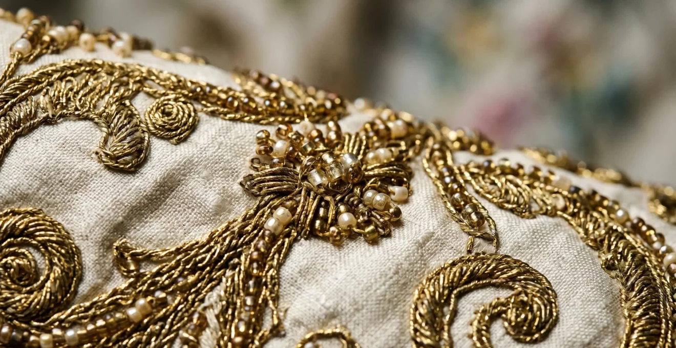Détail d'une broderie haute couture vintage en cours de restauration montrant finitions mains et matières précieuses