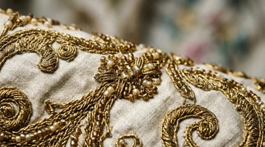 Détail d'une broderie haute couture vintage en cours de restauration montrant finitions mains et matières précieuses