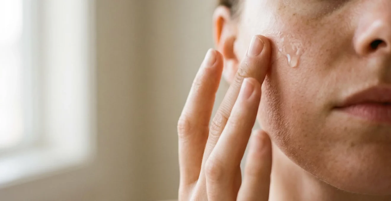 Vue rapprochée d'une main féminine appliquant délicatement un soin hydratant sur une joue, texture naturelle de la peau visible, lumière douce