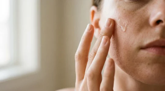 Vue rapprochée d'une main féminine appliquant délicatement un soin hydratant sur une joue, texture naturelle de la peau visible, lumière douce