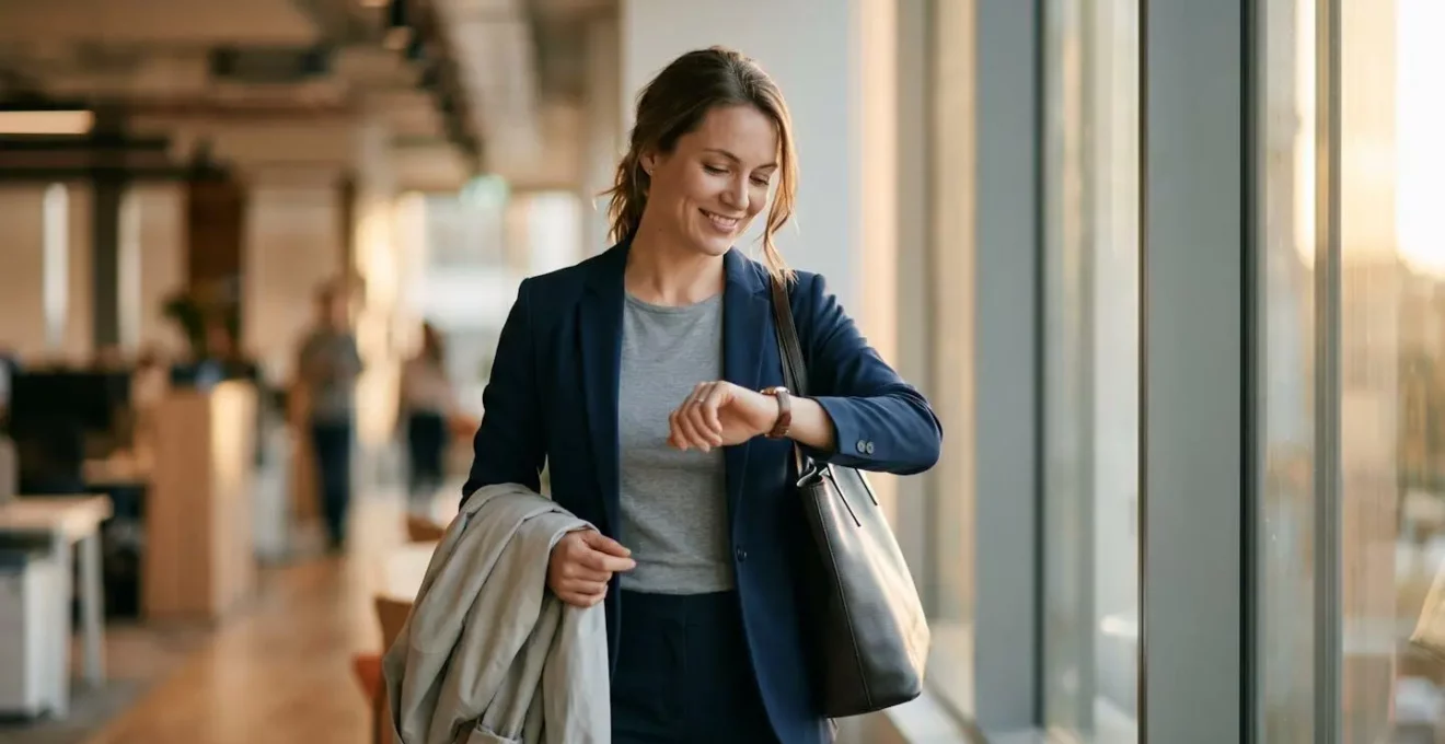 Femme professionnelle regardant l'heure avec sérénité en fin de journée de travail