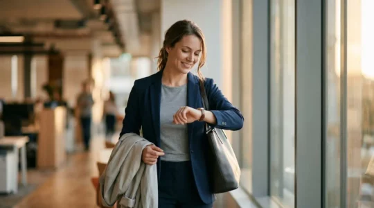 Femme professionnelle regardant l'heure avec sérénité en fin de journée de travail