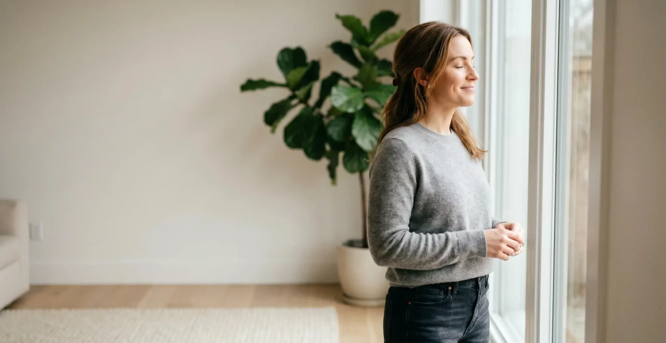 Femme debout dans un espace lumineux affirmant ses limites avec sérénité