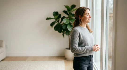 Femme debout dans un espace lumineux affirmant ses limites avec sérénité