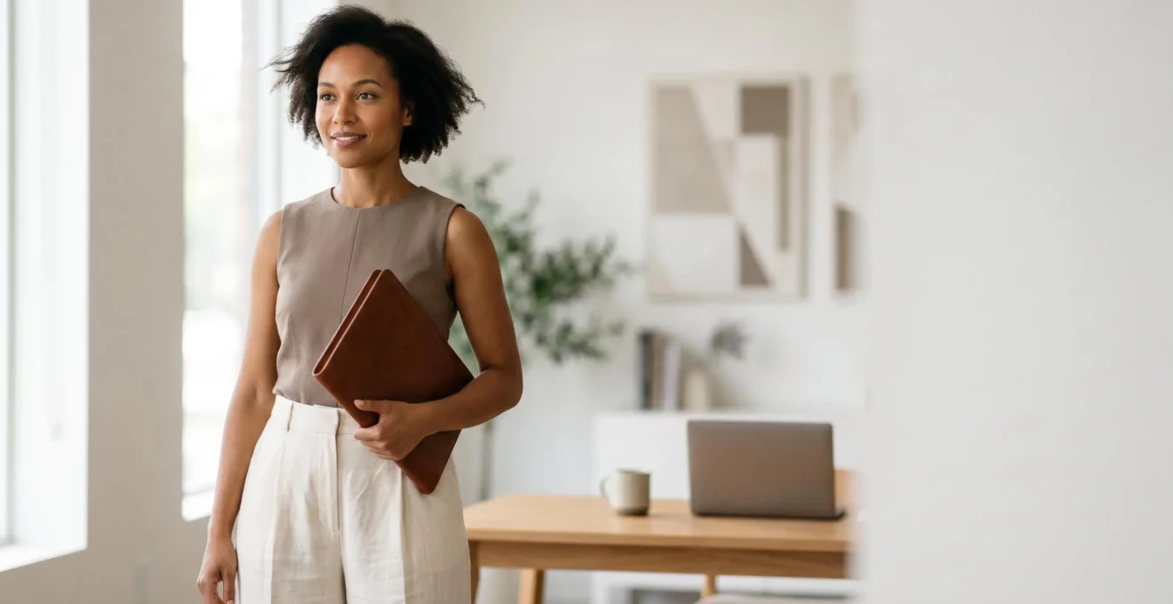 Femme élégante portant une tenue professionnelle légère et chic adaptée aux fortes chaleurs estivales au bureau