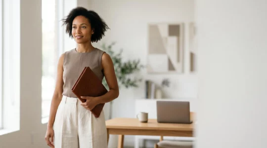 Femme élégante portant une tenue professionnelle légère et chic adaptée aux fortes chaleurs estivales au bureau