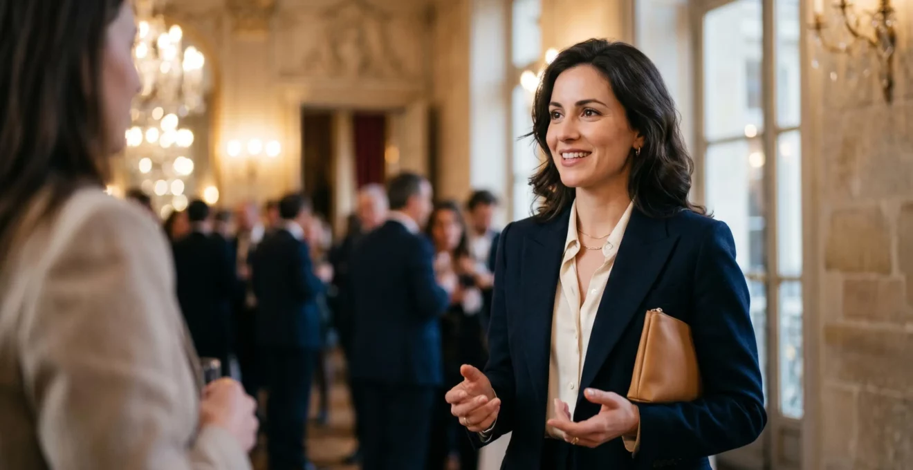 Femme élégante lors d'un événement professionnel parisien illustrant l'intégration dans les cercles d'influence