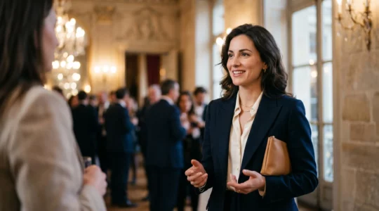 Femme élégante lors d'un événement professionnel parisien illustrant l'intégration dans les cercles d'influence