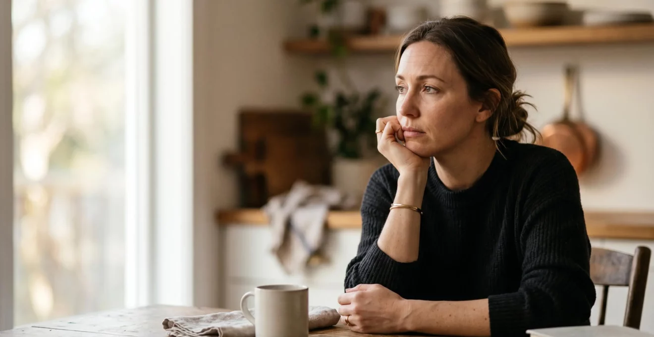 Femme réfléchie dans un moment de contemplation illustrant la charge mentale invisible