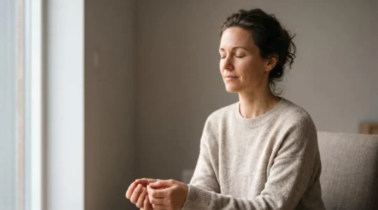 Femme sereine pratiquant la méditation dans un espace calme et apaisant