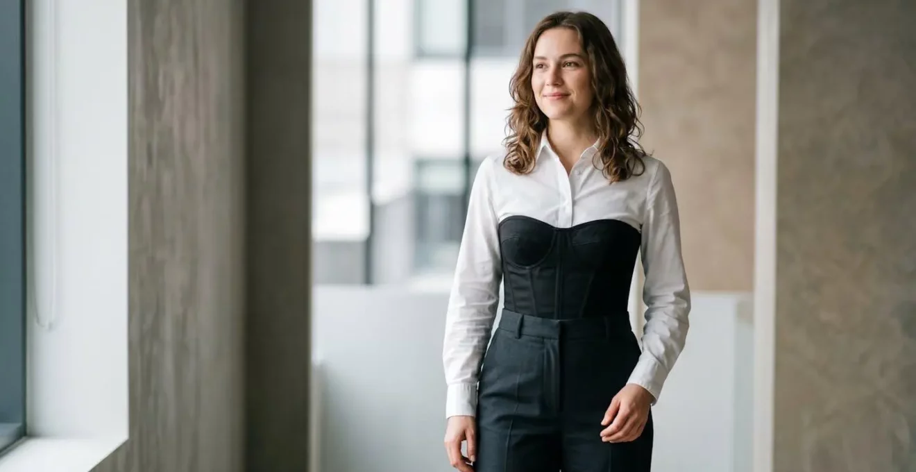 Femme moderne portant un corset structuré noir sur chemise blanche dans un environnement professionnel épuré
