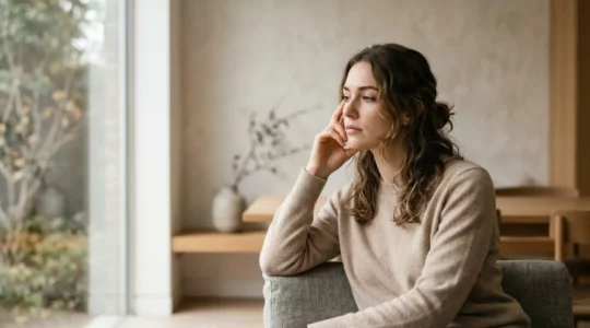 Femme pensive contemplant ses schémas relationnels répétitifs