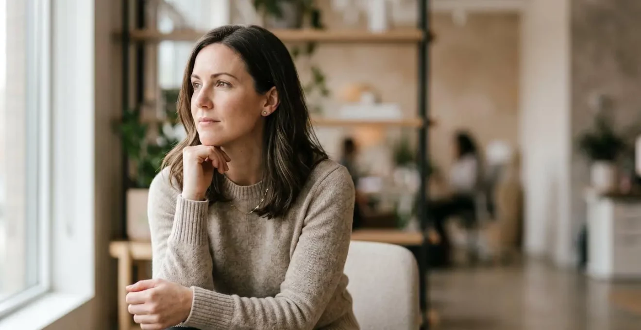 Femme en pleine réflexion lors d'une séance de coaching personnel, symbole de transformation et de développement personnel
