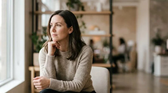 Femme en pleine réflexion lors d'une séance de coaching personnel, symbole de transformation et de développement personnel