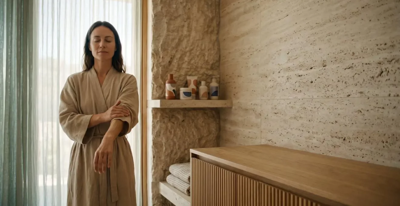 Femme pratiquant un rituel sensoriel de reconnexion au corps dans une atmosphère apaisante
