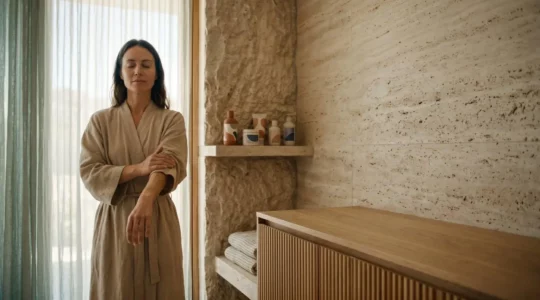 Femme pratiquant un rituel sensoriel de reconnexion au corps dans une atmosphère apaisante
