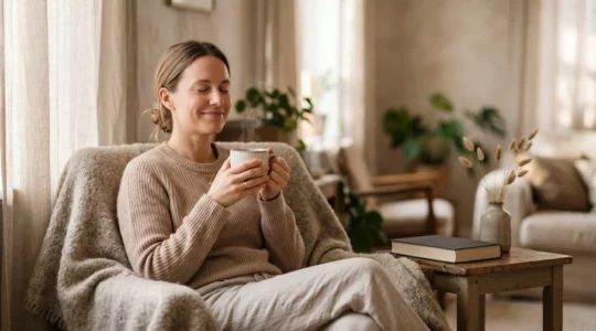 Femme détendue profitant d'un moment de calme et de sérénité à la maison