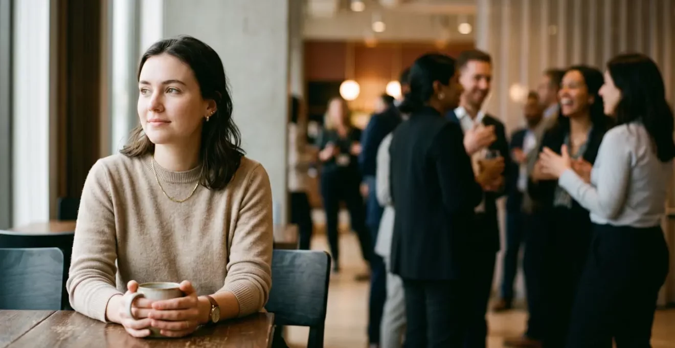 Femme timide dans un contexte social professionnel illustrant la perception de froideur