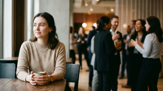 Femme timide dans un contexte social professionnel illustrant la perception de froideur