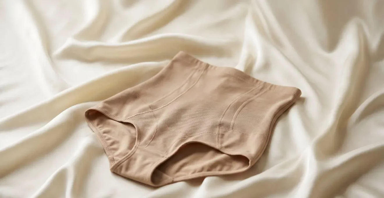 Photographie éditoriale montrant une lingerie gainante beige posée sur de la soie naturelle dans une ambiance douce et élégante