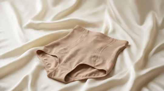 Photographie éditoriale montrant une lingerie gainante beige posée sur de la soie naturelle dans une ambiance douce et élégante