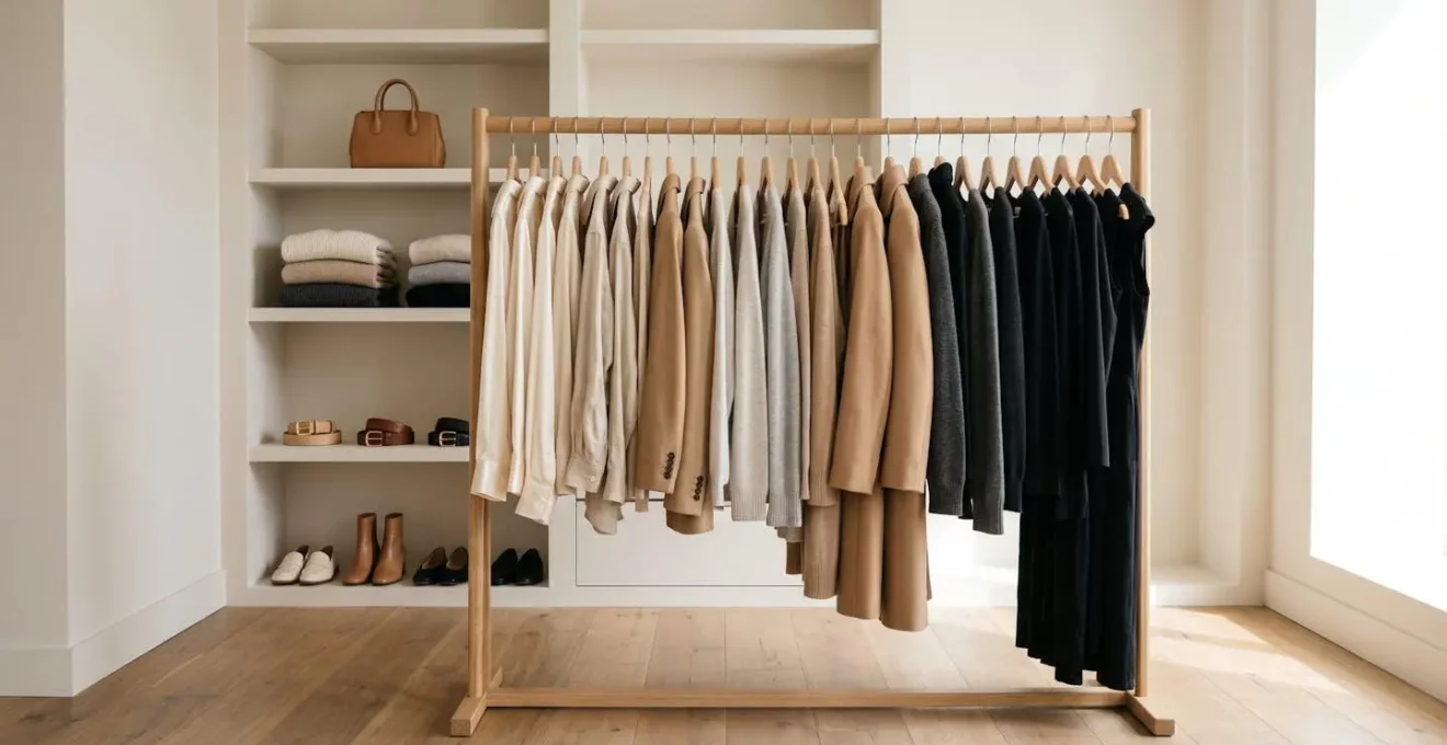 Dressing épuré avec vêtements soigneusement organisés par couleur, illustrant une garde-robe capsule minimaliste