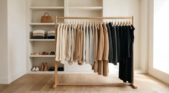 Dressing épuré avec vêtements soigneusement organisés par couleur, illustrant une garde-robe capsule minimaliste