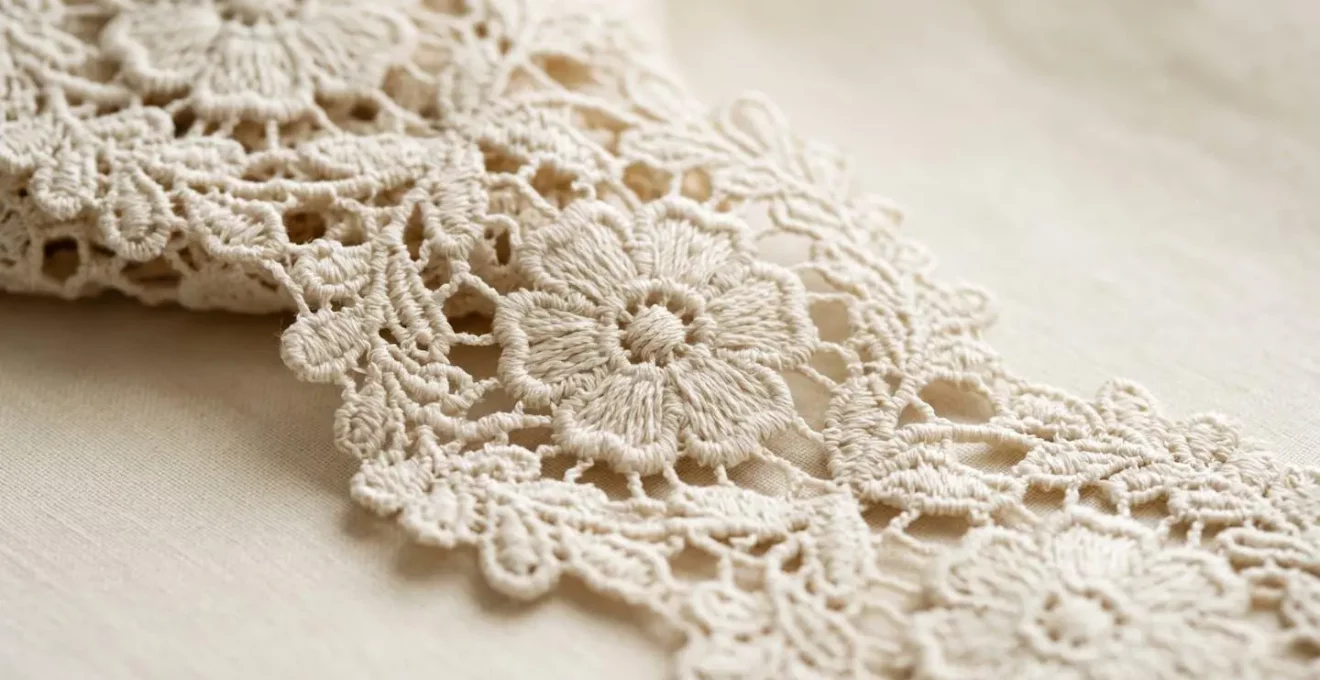 Gros plan sur un tissu en guipure structuré aux motifs floraux ajourés avec brides visibles, éclairage naturel doux créant du relief et des ombres sur la texture complexe