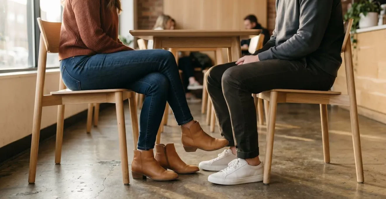 Illustration éditoriale montrant un couple dans un contexte de séduction, focus sur le langage corporel et l'orientation des pieds