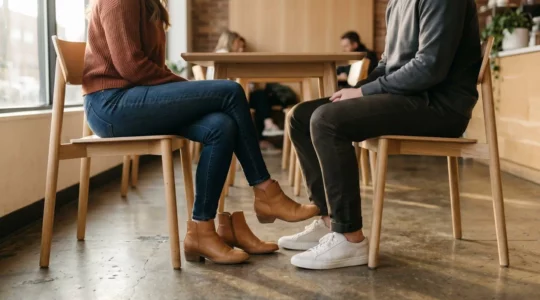Illustration éditoriale montrant un couple dans un contexte de séduction, focus sur le langage corporel et l'orientation des pieds