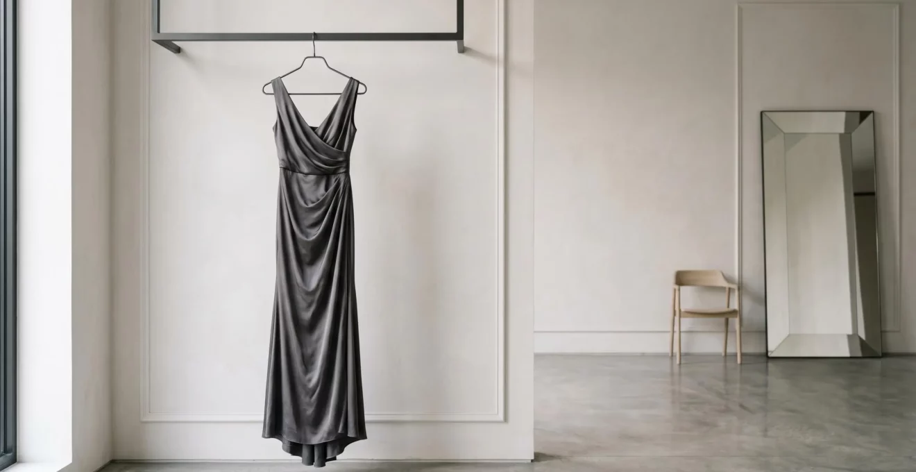 Robe de soirée de créateur suspendue dans un environnement minimaliste et élégant