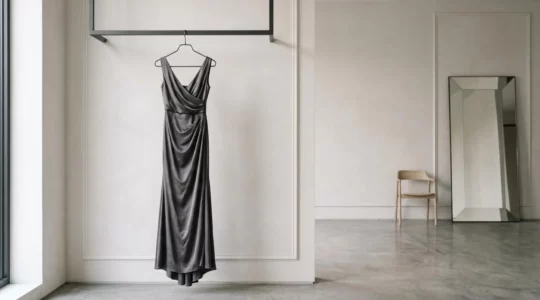 Robe de soirée de créateur suspendue dans un environnement minimaliste et élégant