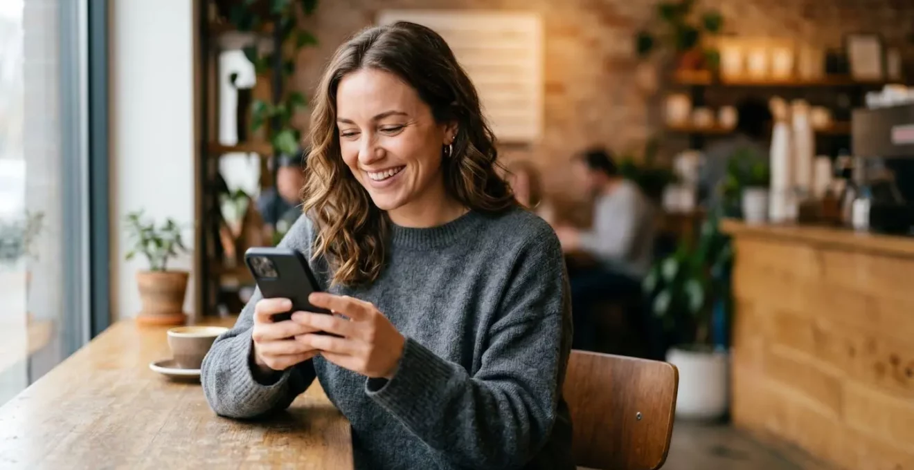 Femme souriante regardant son smartphone dans un café lumineux, préparant un premier rendez-vous