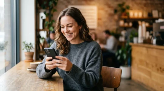 Femme souriante regardant son smartphone dans un café lumineux, préparant un premier rendez-vous
