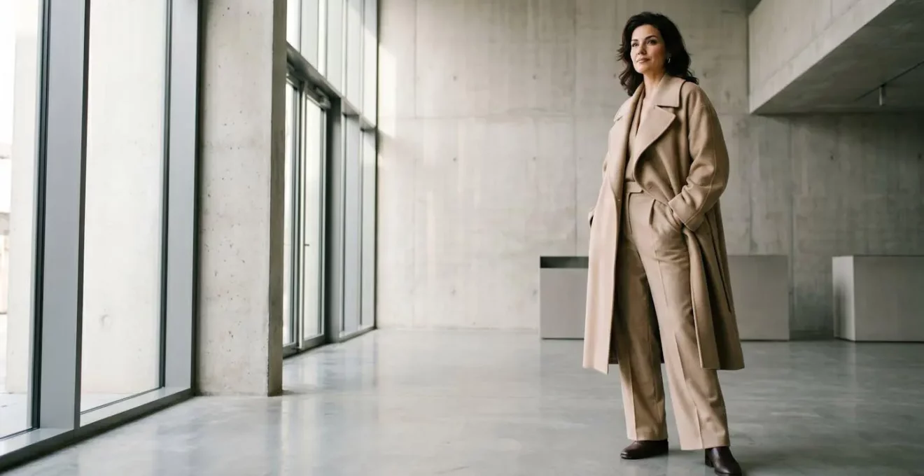 Femme élégante portant un manteau oversize beige structuré dans un environnement minimaliste
